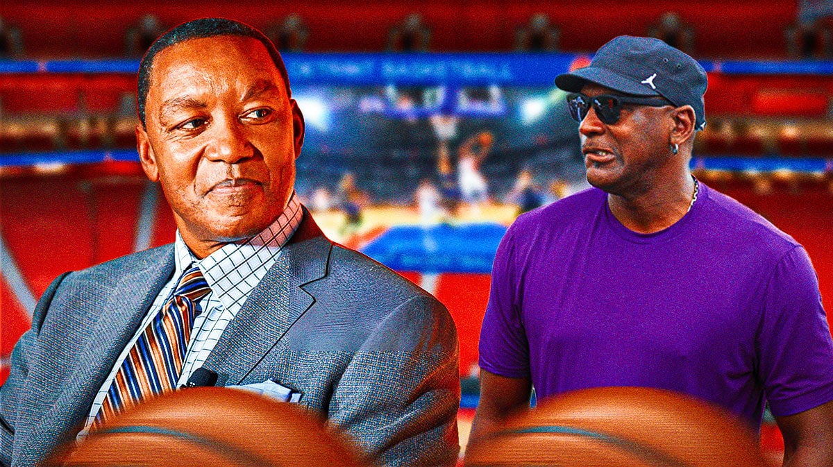 Detroit Pistons' Isiah Thomas on left, Michael Jordan on the right.