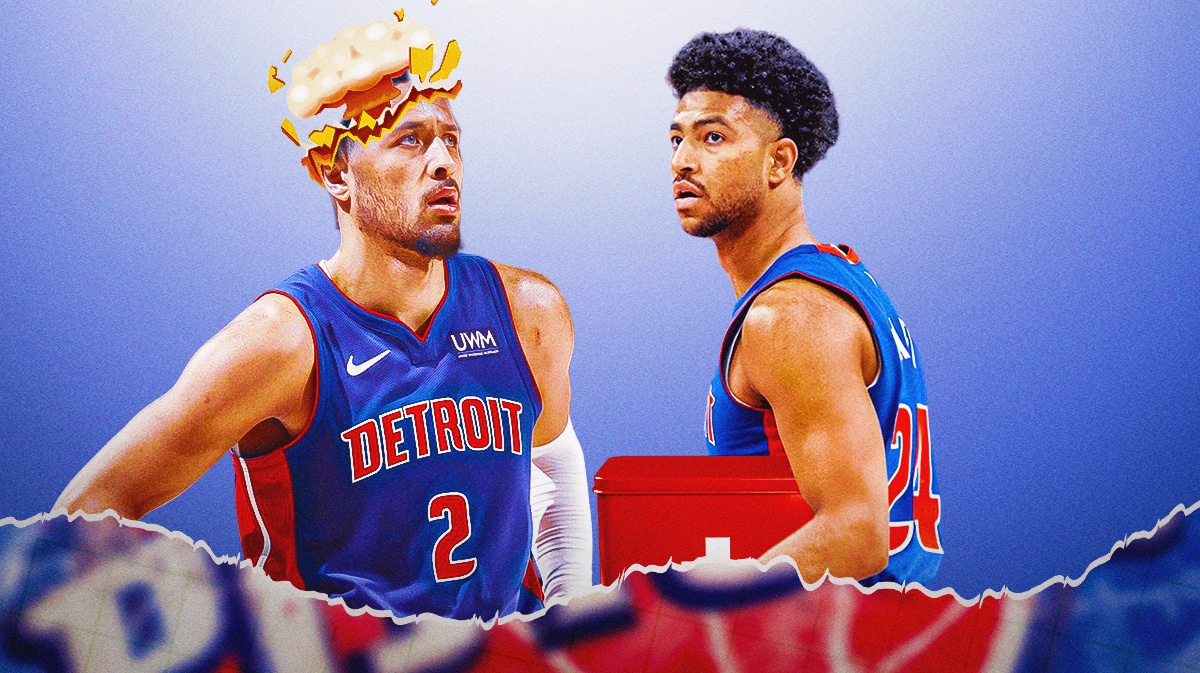 Pistons' Quentin Grimes holding a first-aid kit. Cade Cunningham with mind-blown head