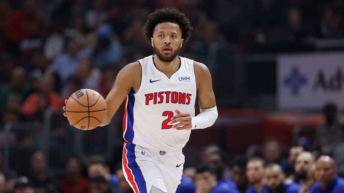 Detroit Pistons guard Cade Cunningham (2) brings the ball up court against the Chicago Bulls during the first half at United Center.