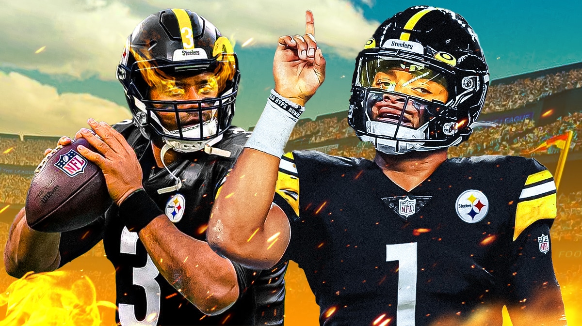 Steelers QBs Russell Wilson and Justin Fields, Wilson with fire in his eyes