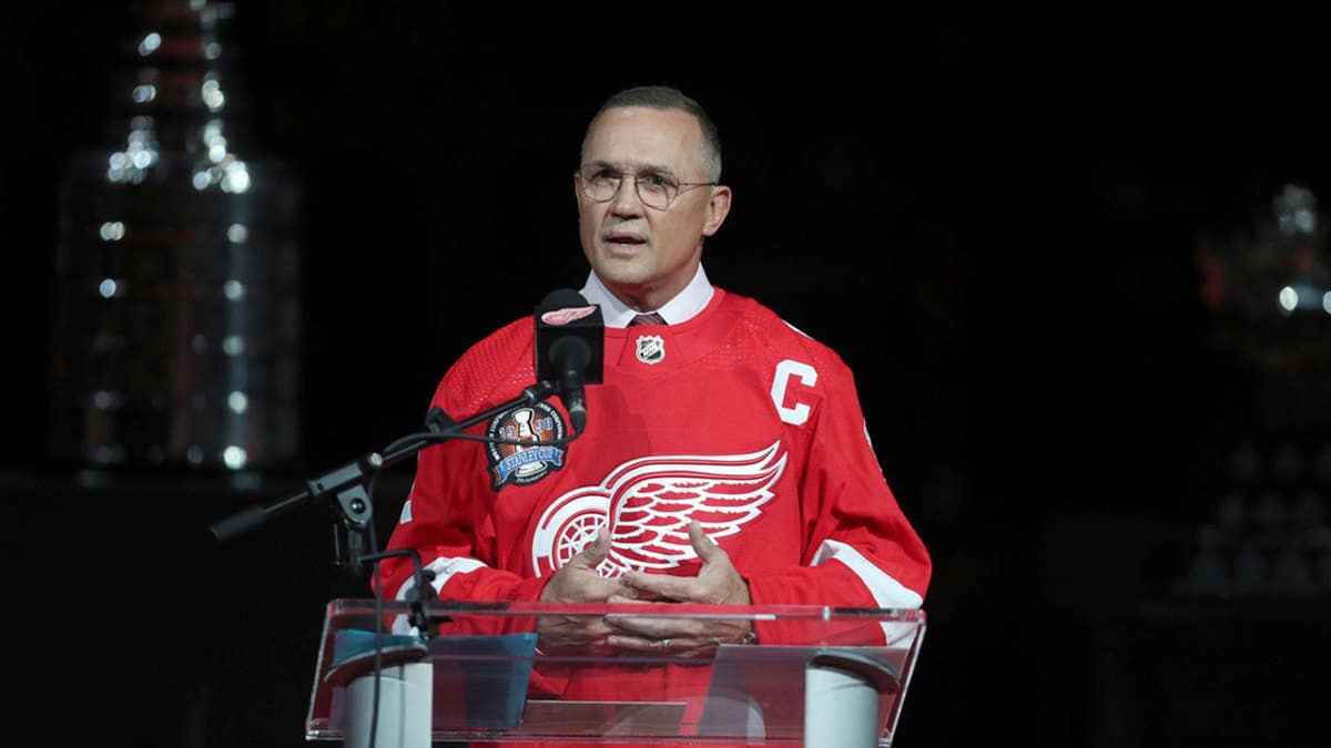 Steve Yzerman talks to fans about the 1997-98 Stanley Cup run during a ceremony honoring that championship run Saturday, Nov. 5, 2022 at Little Caesars Arena.