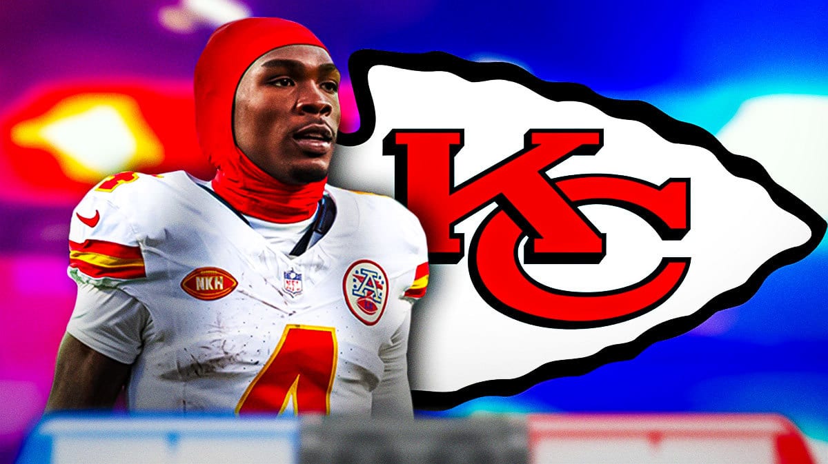 Chiefs Rashee Rice next to a Chiefs logo and police lights