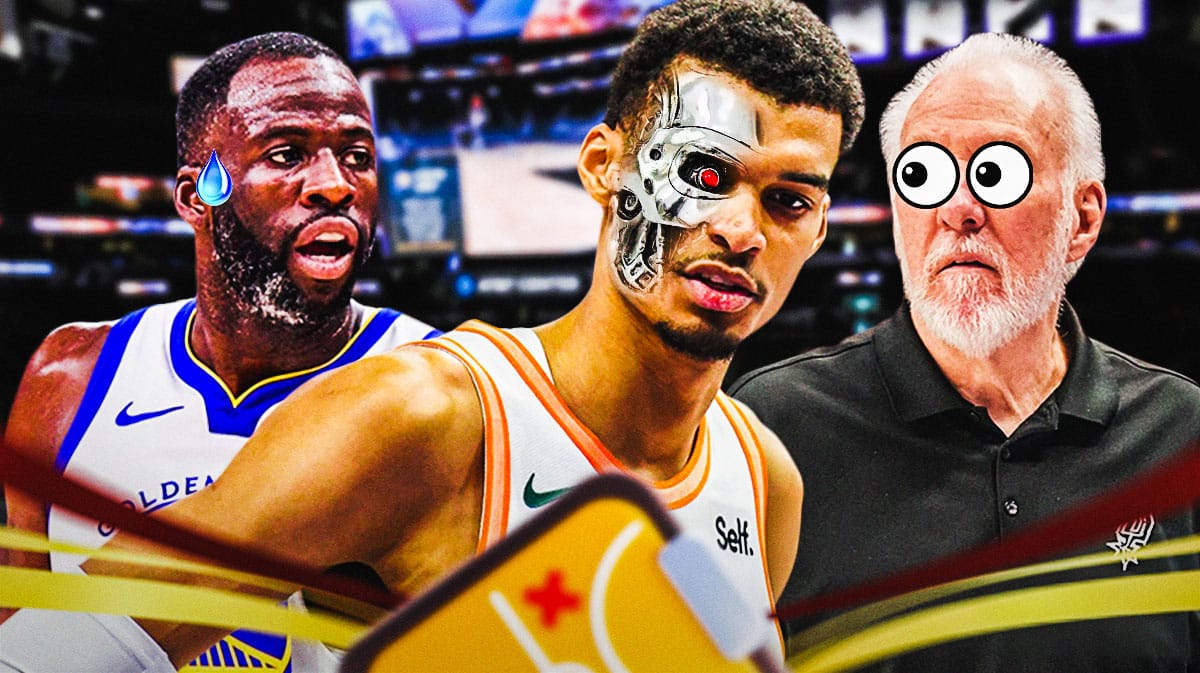 Spurs' Victor Wembanyama as The Terminator, Gregg Popovich with big cartoon eyes, Warriors' Draymond Green in tears