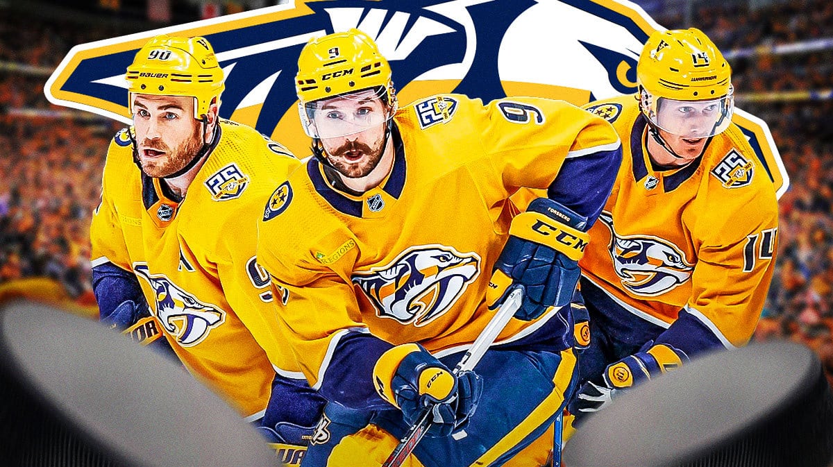 Filip Forsberg, Ryan O’Reilly and Gustav Nyquist all looking happy, NSH Predators logo, hockey rink in background