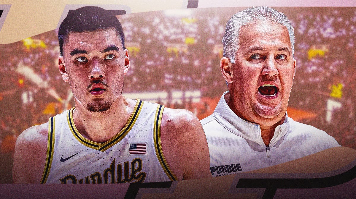 Purdue basketball coach Matt Painter and center Zach Edey.