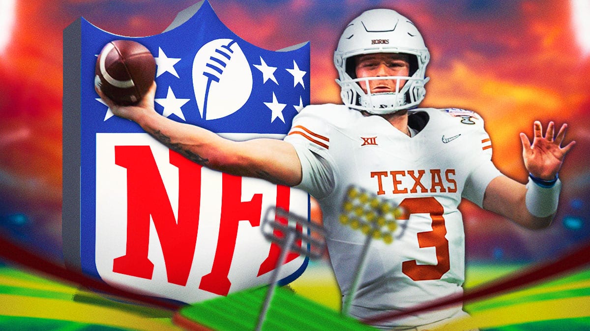 Quinn Ewers, Texas football, Longhorns, Texas Pro Day, Quinn Ewers Pro Day, Quinn Ewers with NFL logo and Texas football stadium in the background