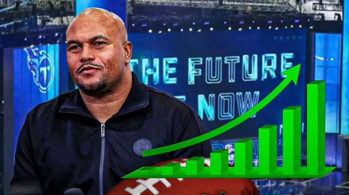 Raiders coach Antonio Pierce next to a green graph arrow going up and an NFL draft background.