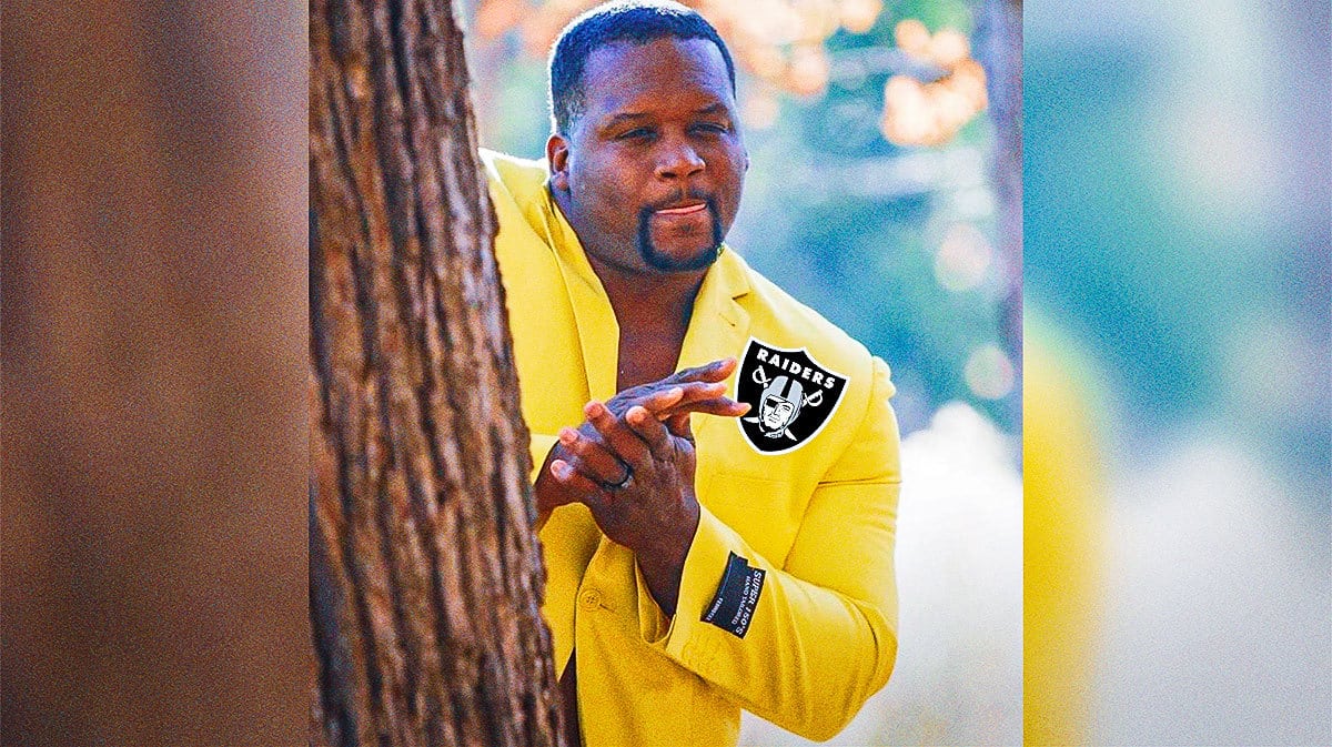 Spice Adams meme with Las Vegas Raiders logo on his suit