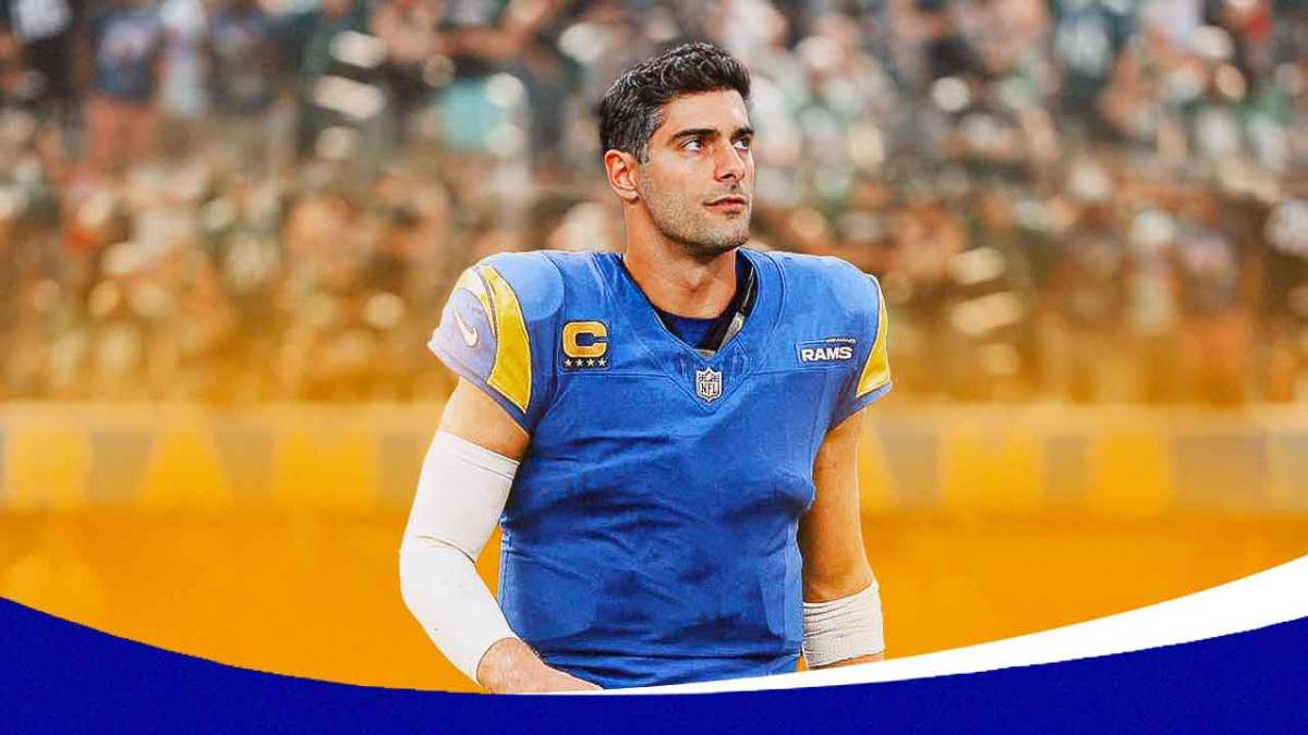 Rams, Jimmy Garoppolo, Jimmy Garoppolo Rams, Jimmy Garoppolo Raiders, Raiders, Jimmy Garoppolo in Rams uni with Rams stadium in the background