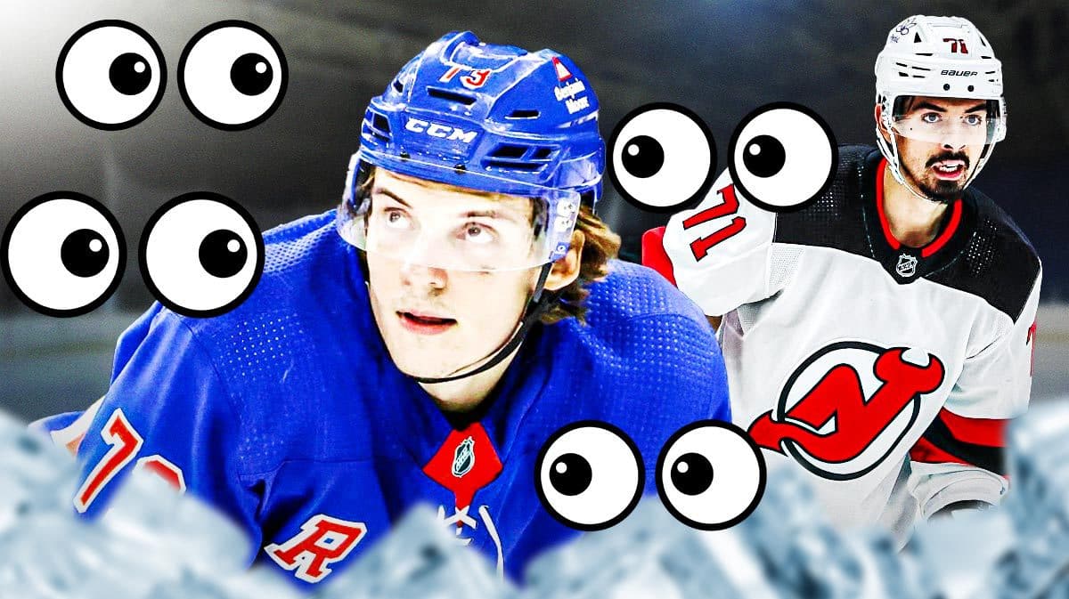 Photo: Matt Rempe in Rangers jersey with peeping eyes around him, Devils' Jonas Siegenthaler beside him