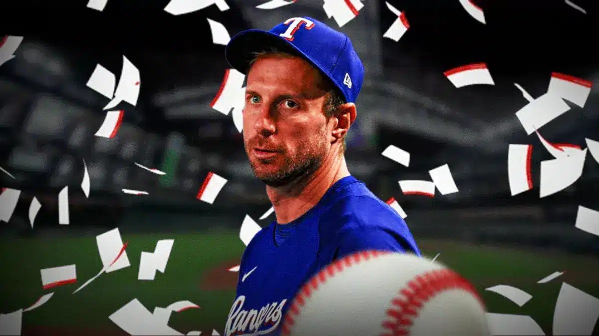 Rangers' Max Scherzer looking serious, with calendar pages flying all over Scherzer