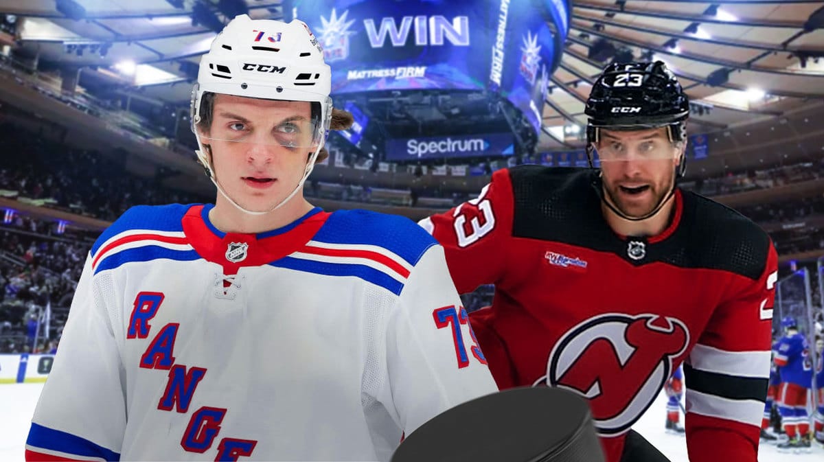 Matt Rempe and Kurtis MacDermid at the Rangers-Devils game.