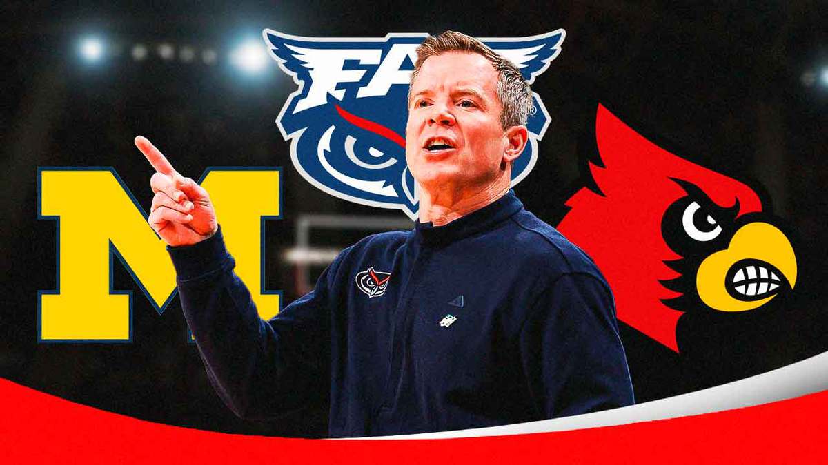 Dusty May with Florida Atlantic, Michigan, and Louisville logos around him