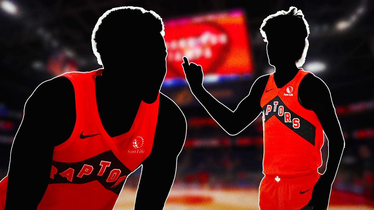 Photo: silhouettes of Ochai Agbaji, Gradey Dick both in action in Raptors jerseys
