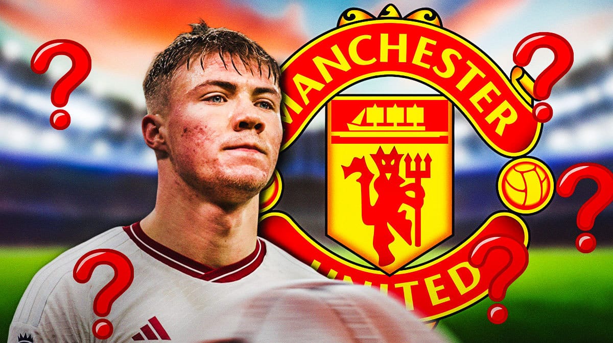 Rasmus Hojlund in front of the Manchester United logo, questionmarks in the air