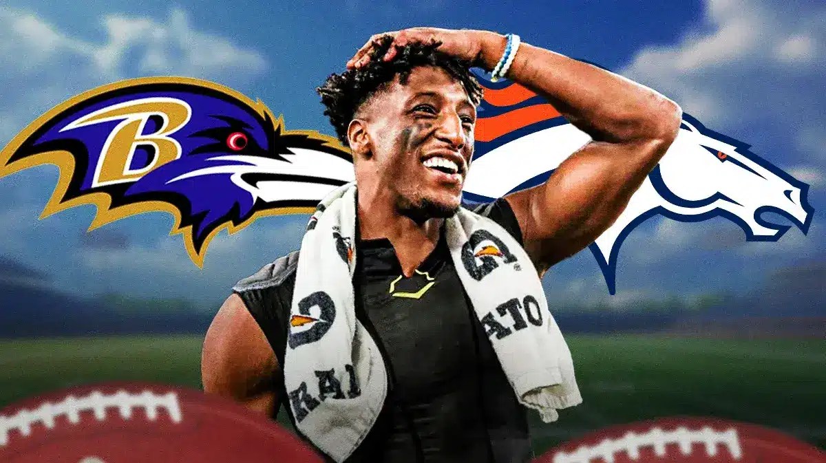 Michael Thomas standing in front of the Ravens and Broncos logos