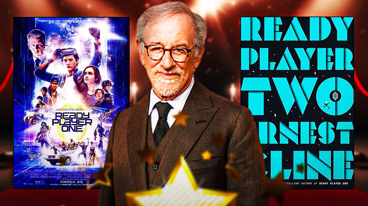 Steven Spielberg with Ready Player One poster and Ready Player Two book cover.
