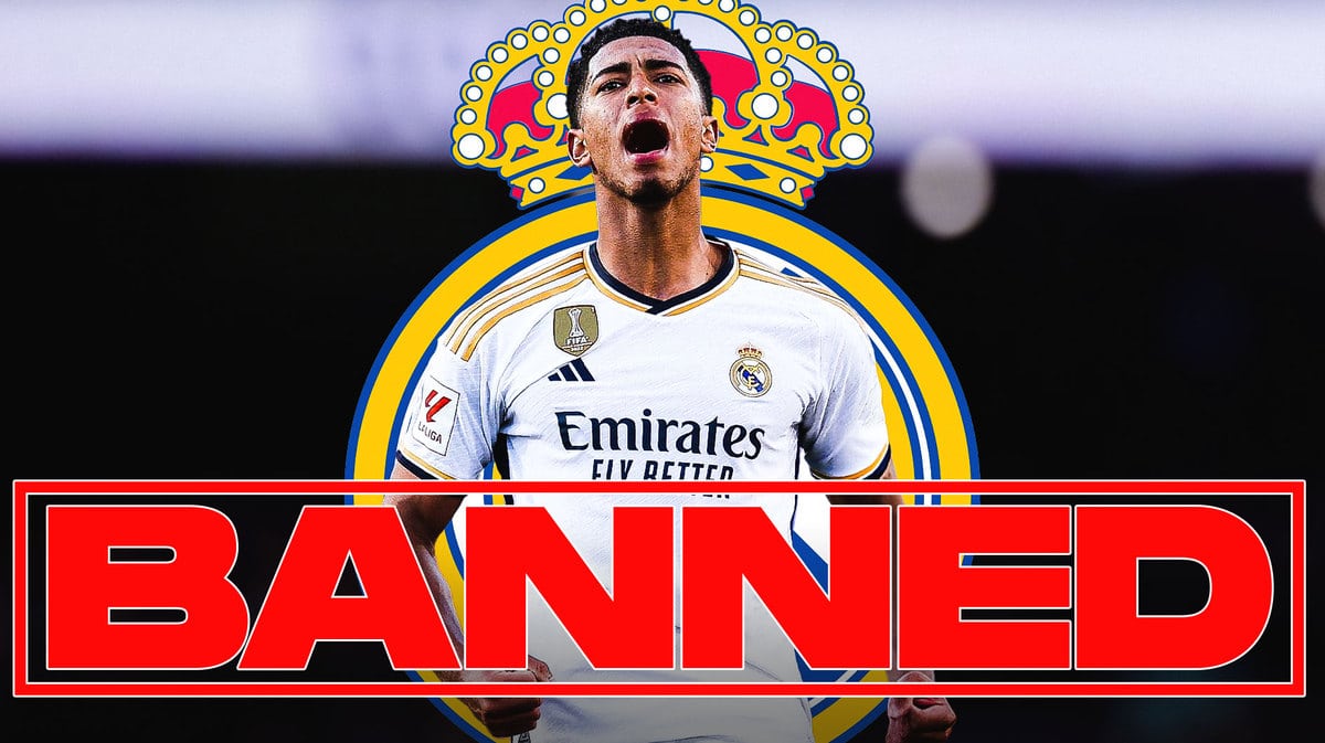 Jude Bellingham with a ‘BANNED’ stamp in front of him, the Real Madrid logo behind him