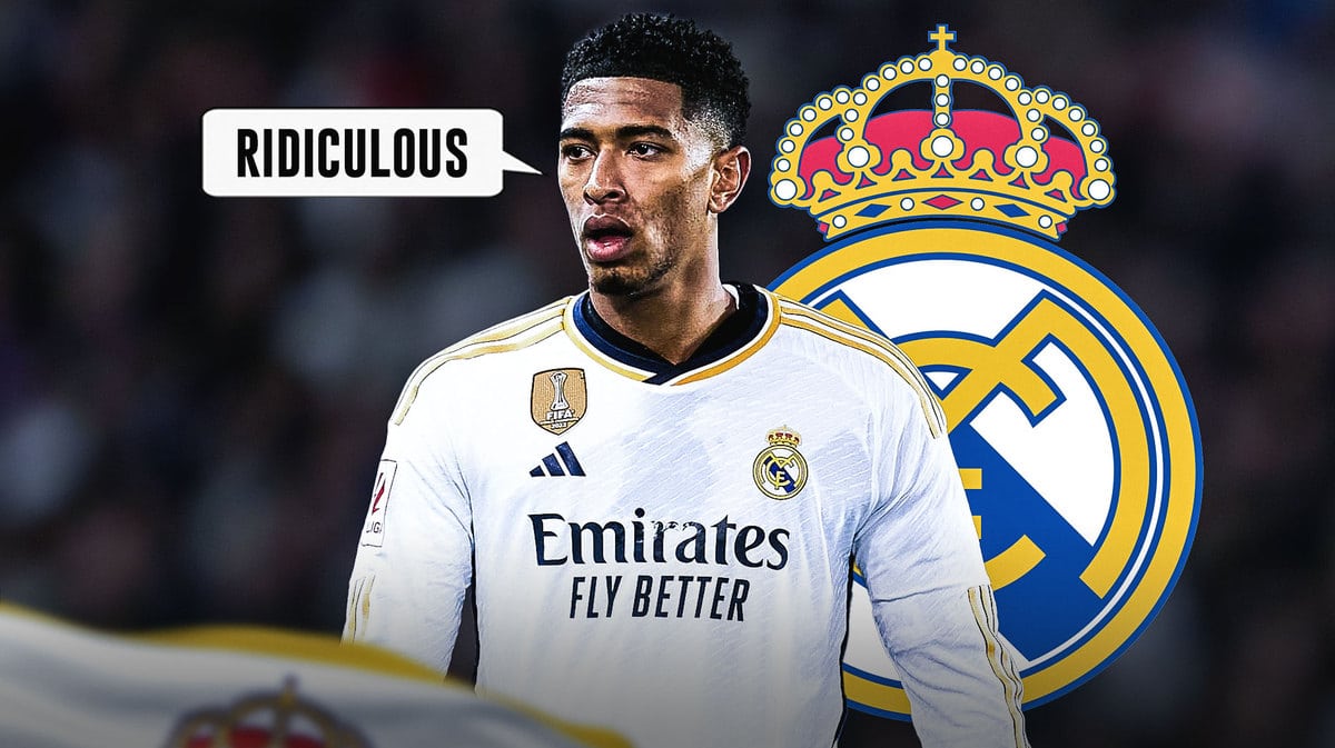 Jude Bellingham saying: ‘Ridiculous’ in front of the Real Madrid logo