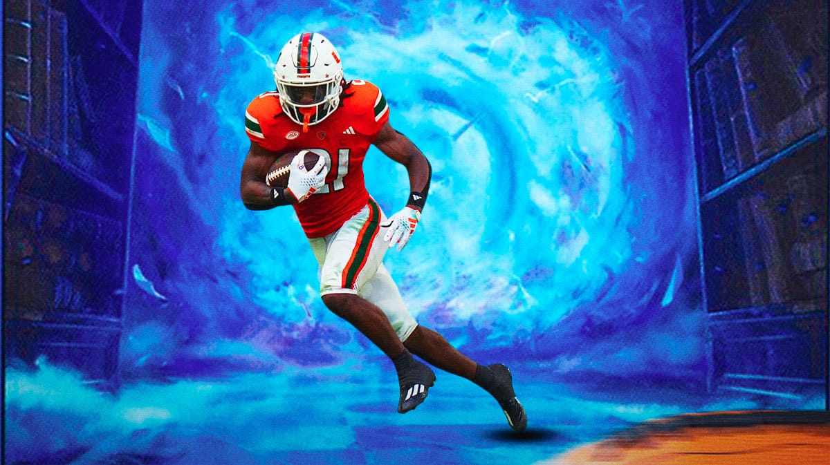 Henry Parrish Jr. (Miami Hurricanes running back) in front of a portal with Ole Miss logo
