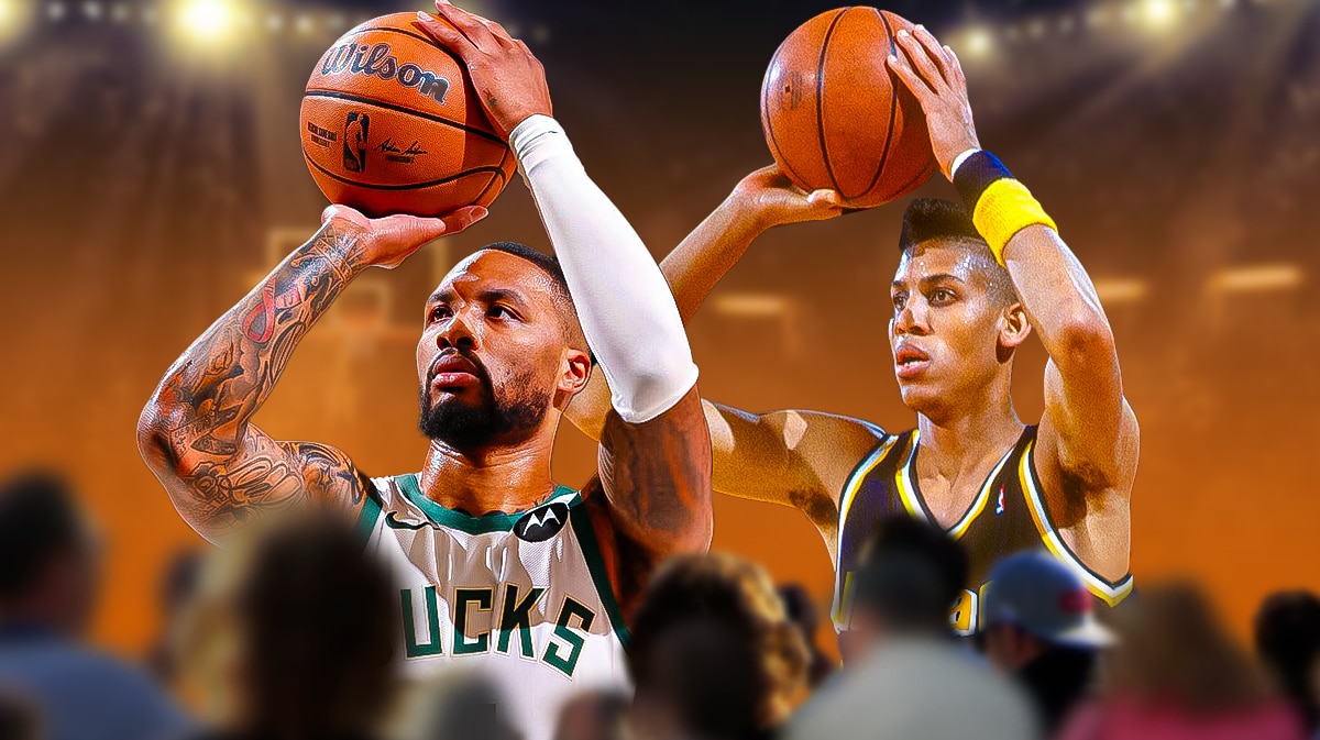 Side-by-side of Reggie Miller and Damian Lillard shooting a three.