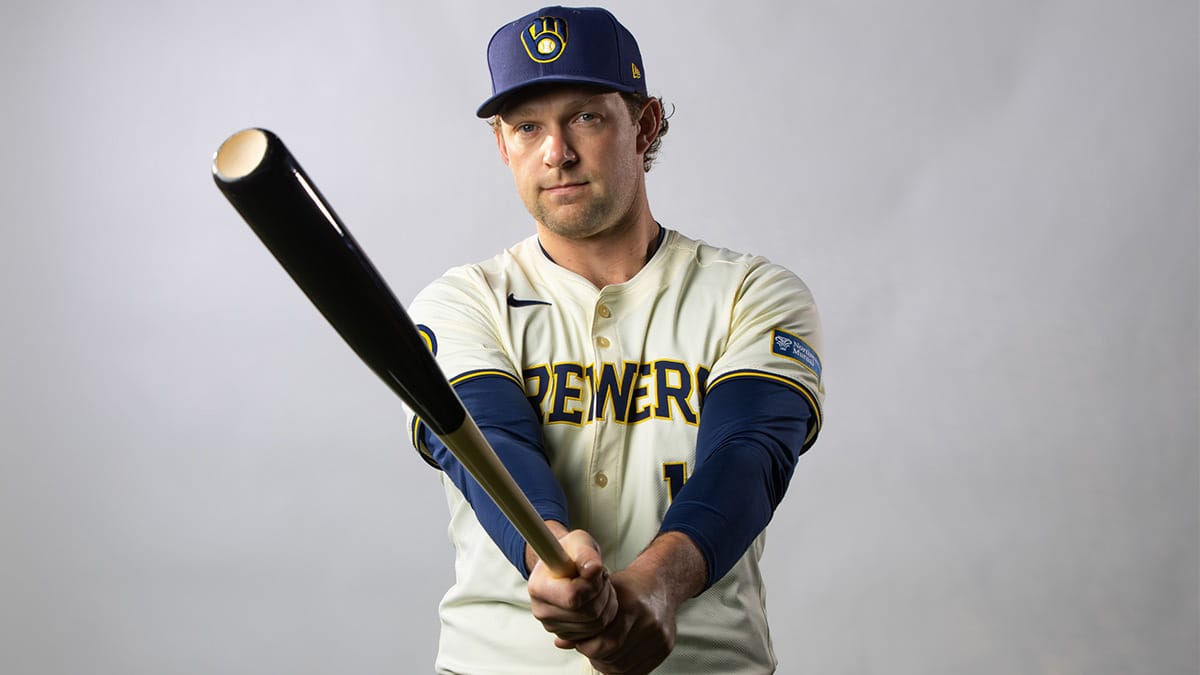 Milwaukee Brewers infielder Rhys Hoskins poses for a portrait during photo day at Maryvale Baseball Park.
