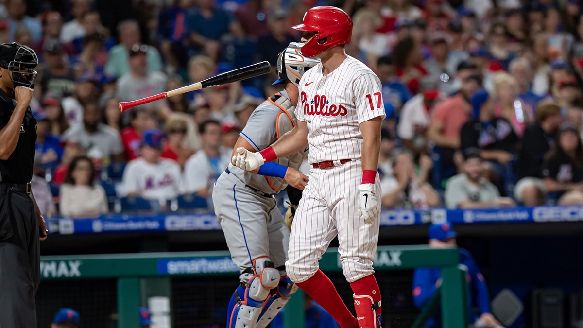 Philadelphia Phillies first baseman Rhys Hoskins (17) reacts after striking out against the New York Mets during the third inning at Citizens Bank Park.