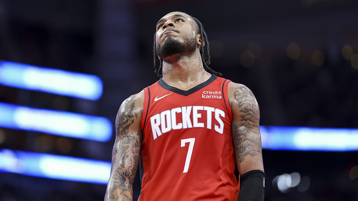 Mar 6, 2024; Houston, Texas, USA; Houston Rockets forward Cam Whitmore (7) reacts after a play during the fourth quarter against the Los Angeles Clippers at Toyota Center. Mandatory Credit: Troy Taormina-USA TODAY Sports