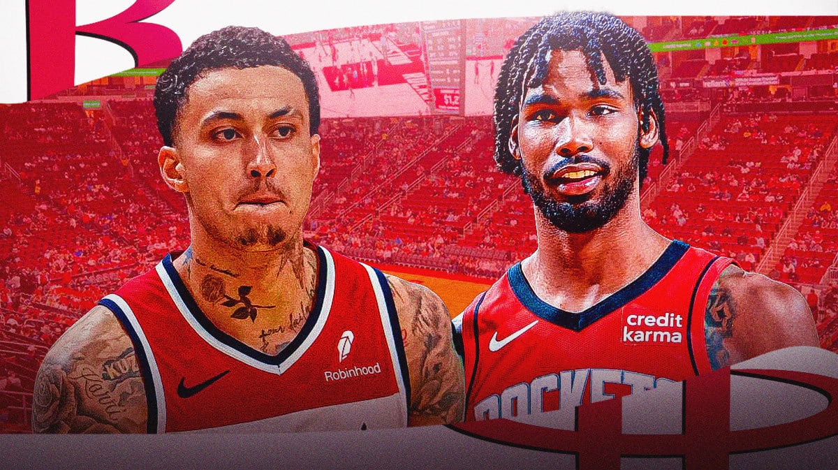 Rockets' Tari Eason laughing at Wizards' Kyle Kuzma looking dejected