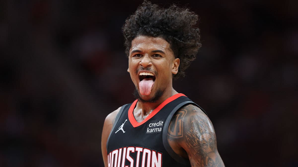 Houston Rockets guard Jalen Green (4) reacts after making a basket during the third quarter against the Washington Wizards at Toyota Center.