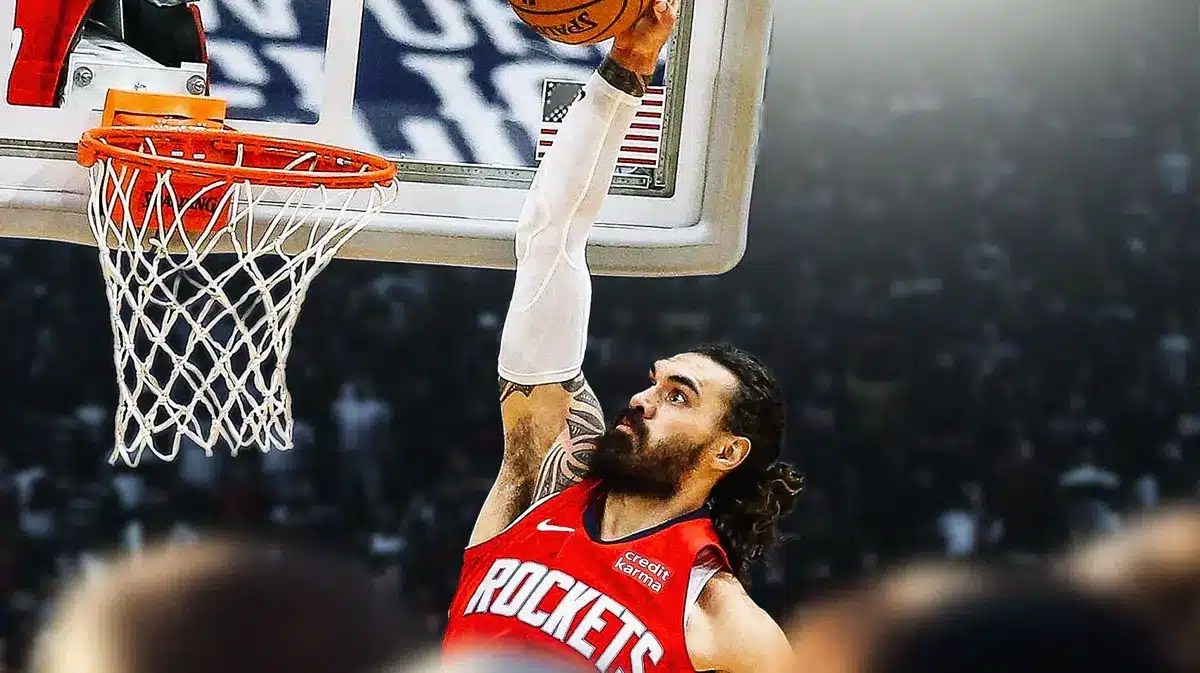 Steven Adams in a Rockets uniform dunking a basketball
