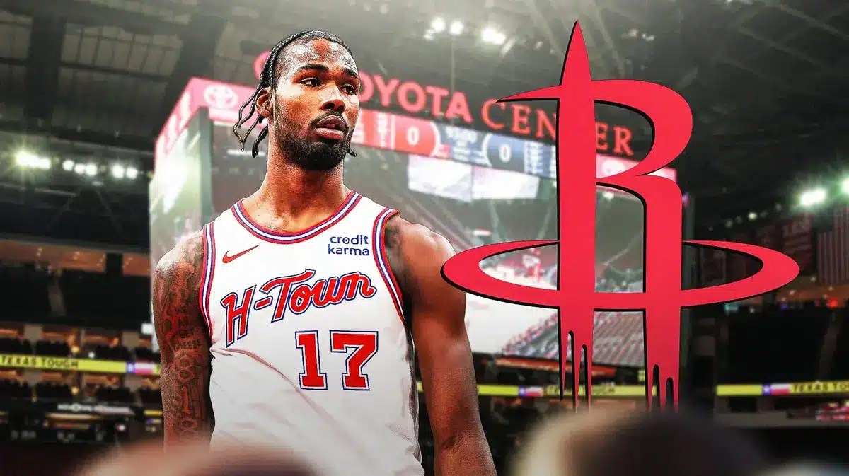 Tari Eason next to a Rockets logo at Toyota Center