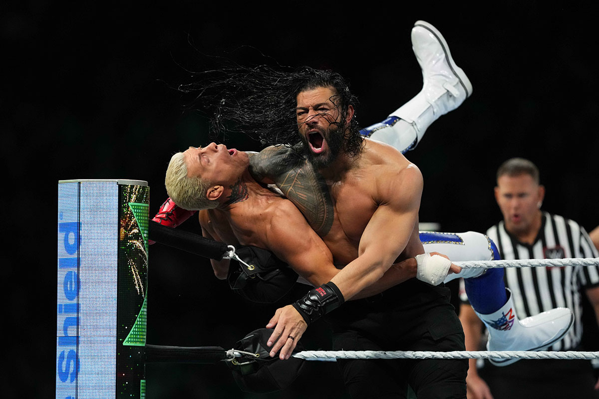 The Rock & Roman Reigns vs. Cody Rhodes & Seth Rollins during Wrestlemania XL Saturday at Lincoln Financial Field.