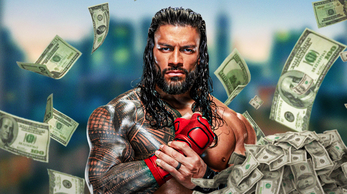 Roman Reigns surrounded by piles of cash.