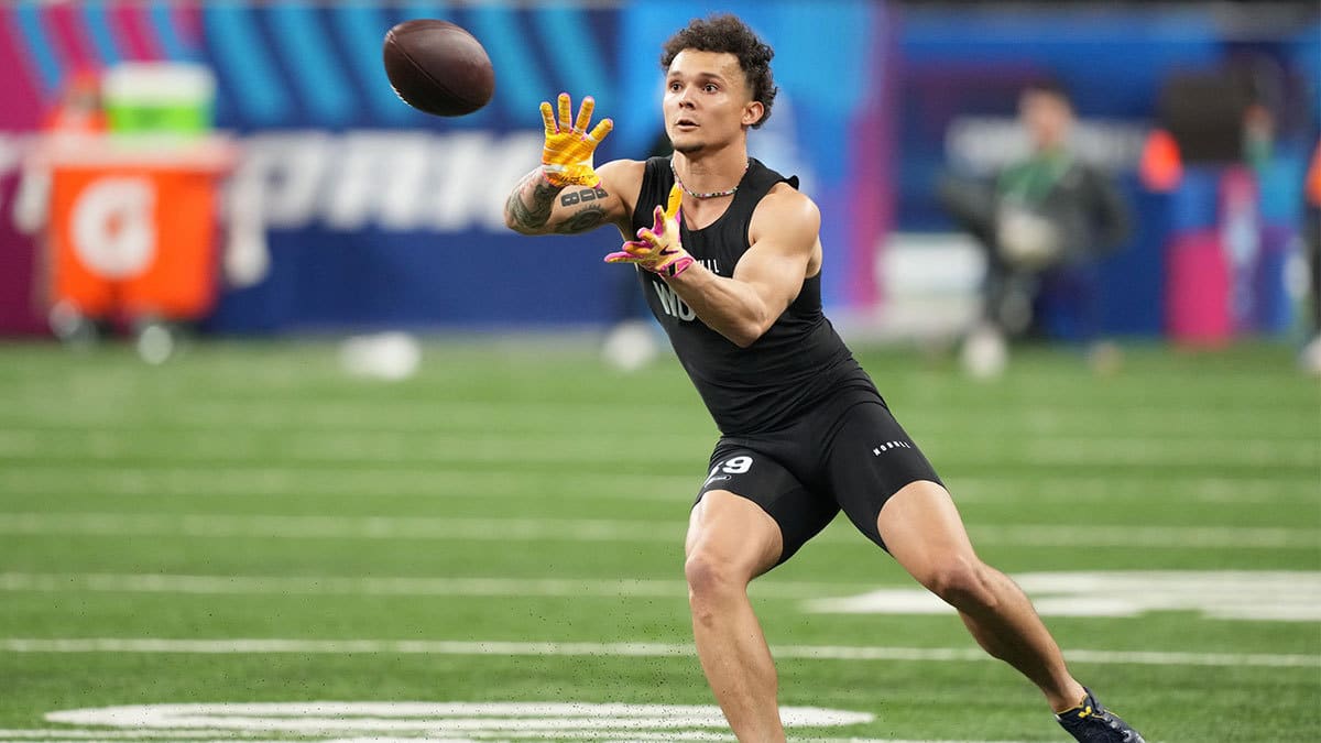 Michigan wide receiver Roman Wilson (WO39) during the 2024 NFL Combine at Lucas Oil Stadium