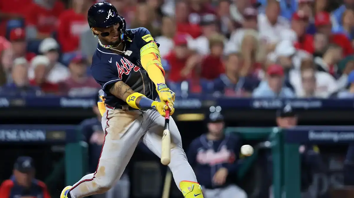 Atlanta Braves right fielder Ronald Acuna Jr. (13) during the fifth inning against the Philadelphia Phillies in game three of the NLDS for the 2023 MLB playoffs at Citizens Bank Park.