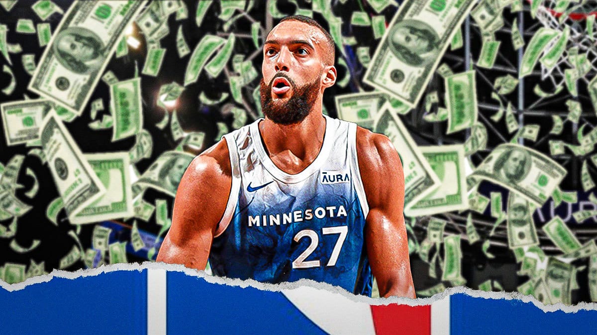 Rudy Gobert, NBA logo. Dollar bills flying around