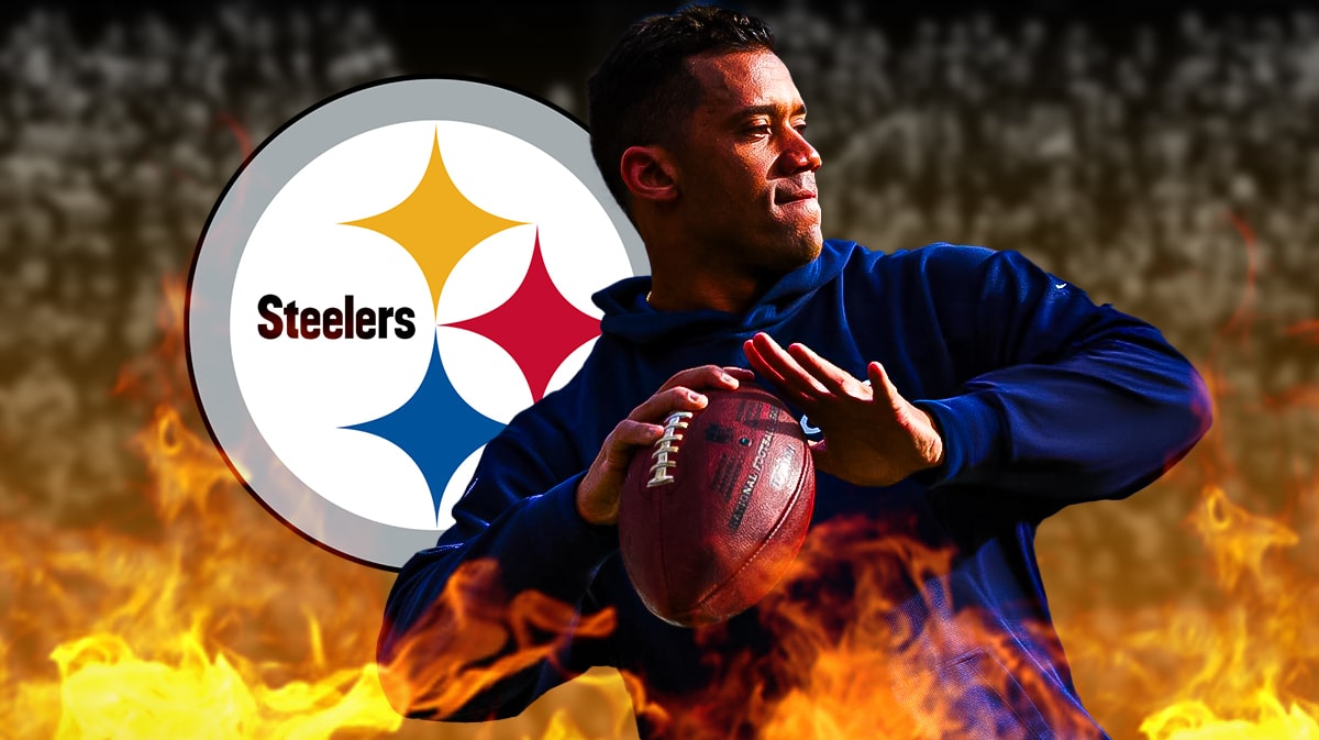 Former Broncos, Seahawks QB Russell Wilson stands next to Steelers. NFL free agency logos