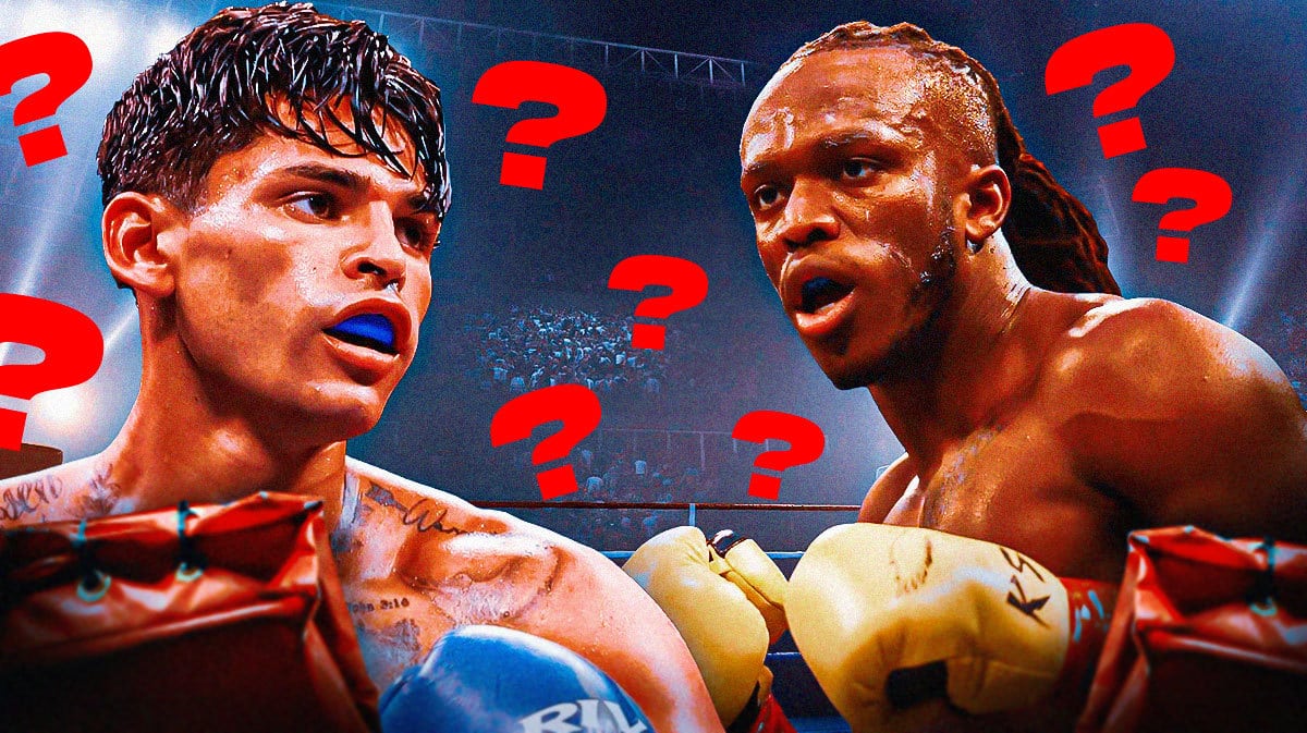 Ryan Garcia and KSI in front of a boxing ring, questionmarks in the air