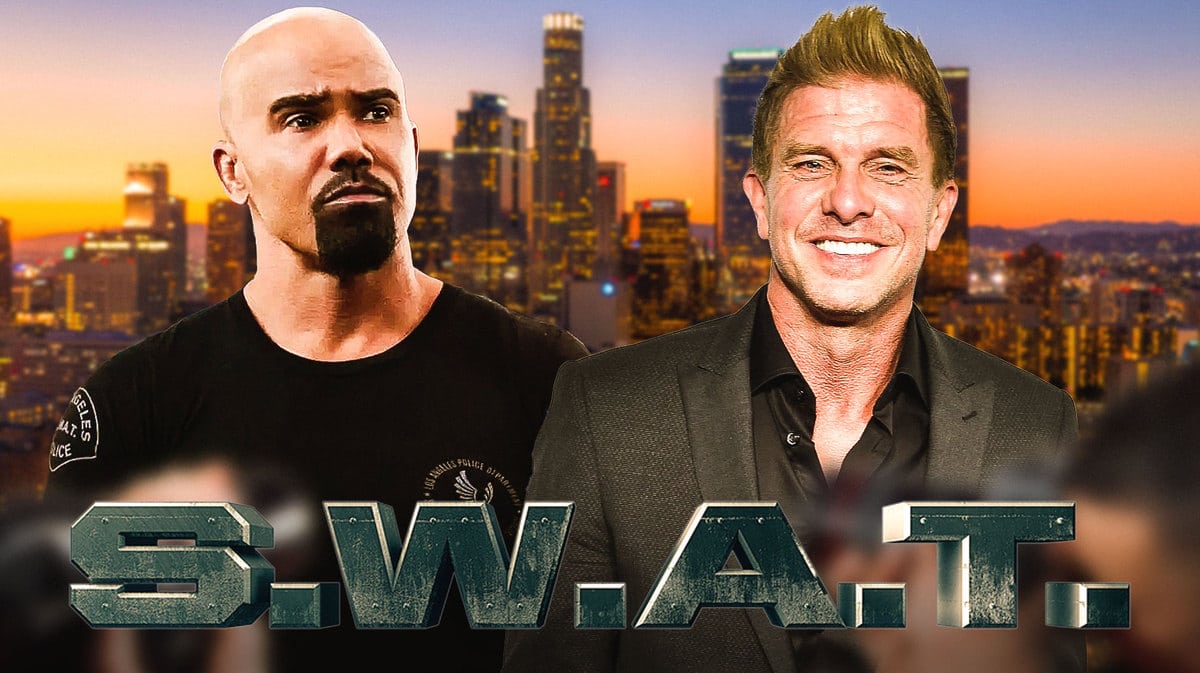 SWAT logo and stars Shemar Moore and Kenny Johnson with LA skyline background.