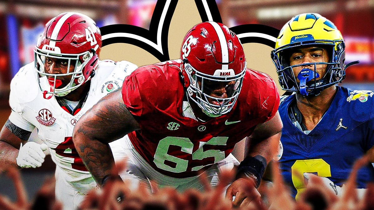 JC Latham (Alabama), Chris Braswell (Alabama not Jaguars), Cornelieus Johnson (Michigan) in action behind a New Orleans Saints logo with a 2024 NFL Draft background.