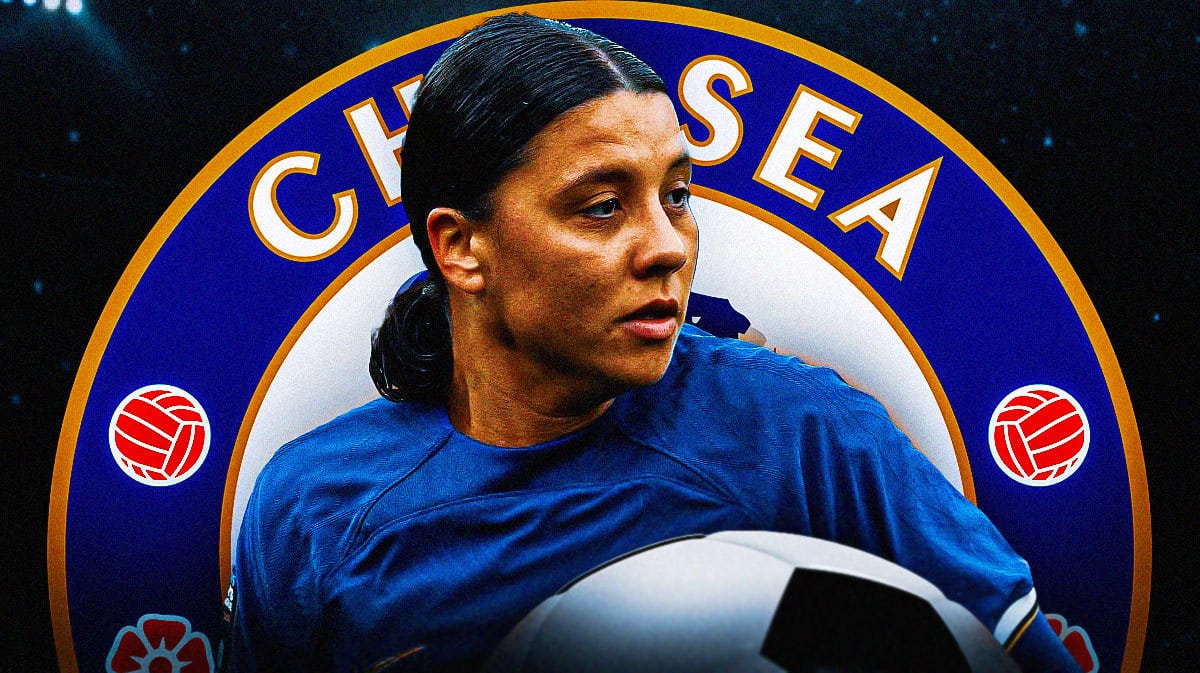 Sam Kerr in a courthouse, the Chelsea logo on the wall