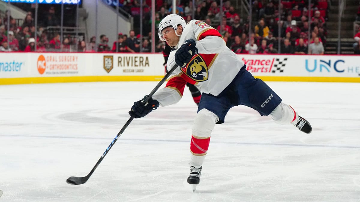 Florida Panthers center Sam Reinhart (13) takes shot against the Carolina Hurricanes during the second period at PNC Arena.