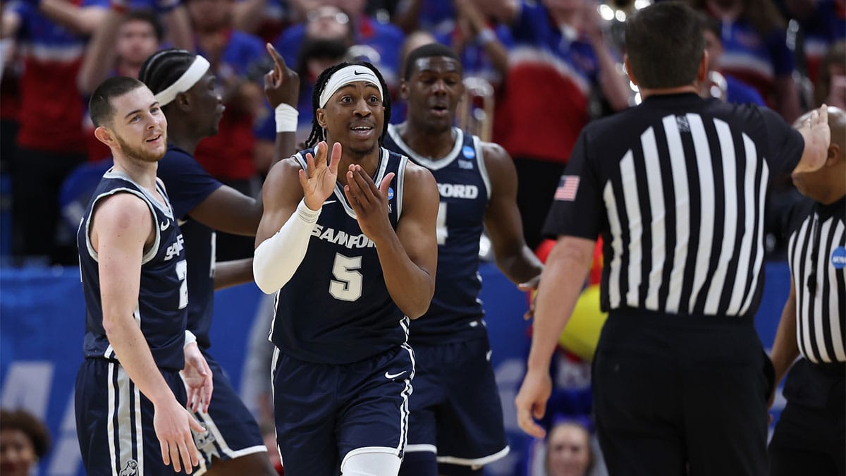 Samford Bulldogs guard A.J. Staton-McCray (5) argues a call during the second half in the first round of the 2024 NCAA Tournament against the Kansas Jayhawks at Vivint Smart Home Arena-Delta Center.