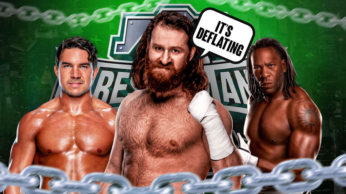 Sami Zayn with a text bubble reading “It’s deflating” next to Chad Gable and Booker T with the WrestleMania 40 logo as the background.