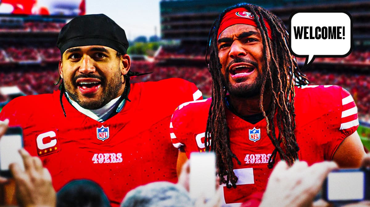 Eric Kendricks in a San Francisco 49ers uniform on one side, Fred Warner on the other side with a speech bubble that says “Welcome!”