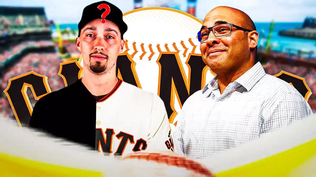 Farhan Zaidi looking at Blake Snell wearing a half Giants, half mystery jersey