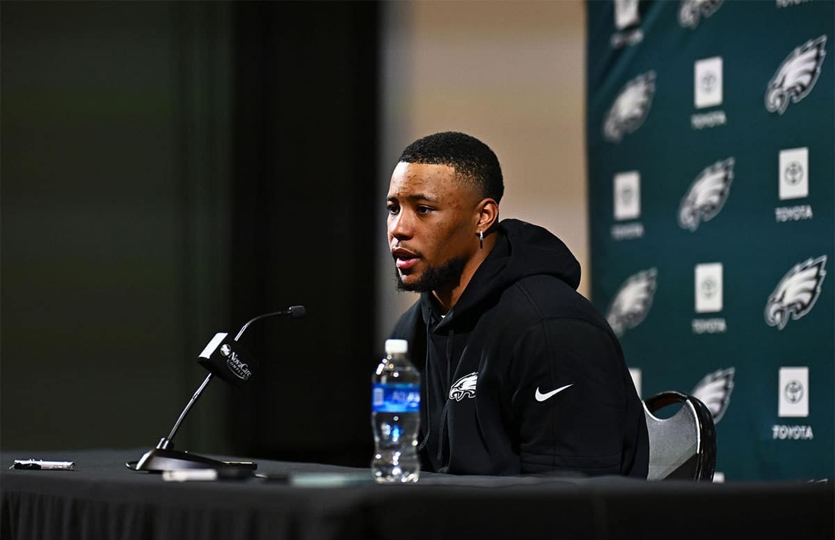 Philadelphia Eagles running back Saquon Barkley speaks during a press conference after signing with the Eagles