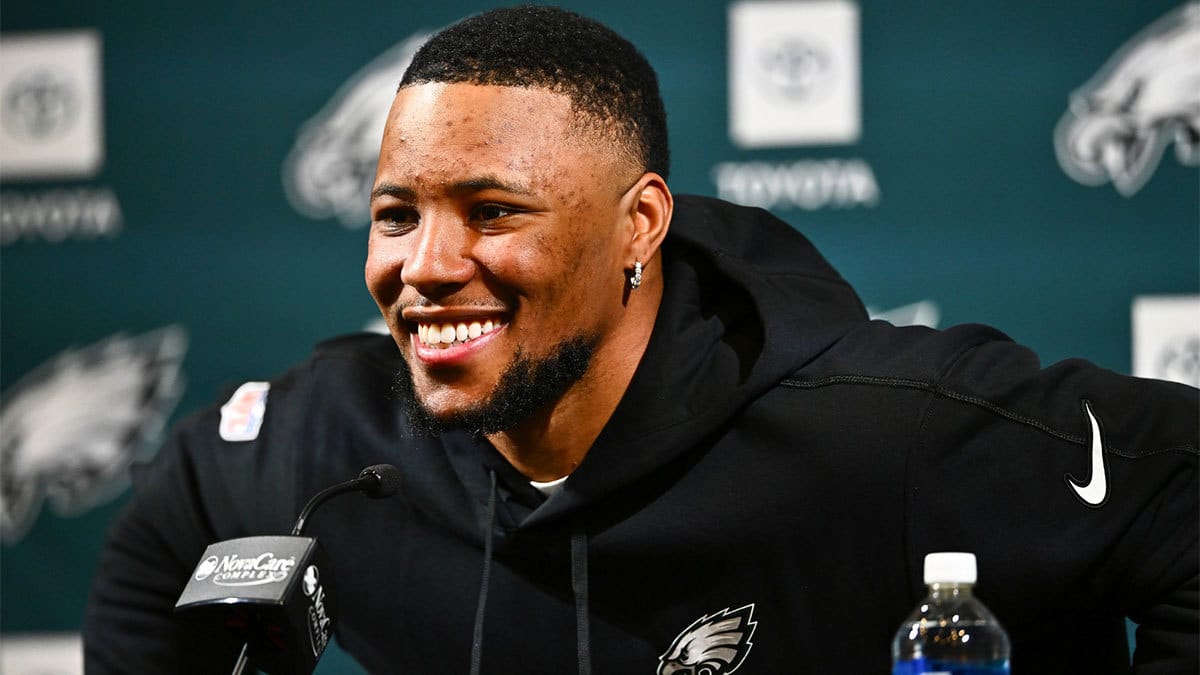 Philadelphia Eagles running back Saquon Barkley speaks during a press conference after signing with the team