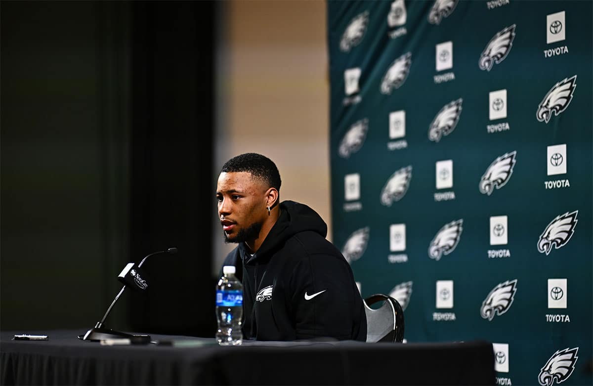 Philadelphia Eagles running back Saquon Barkley speaks during a press conference after signing with the Eagles.